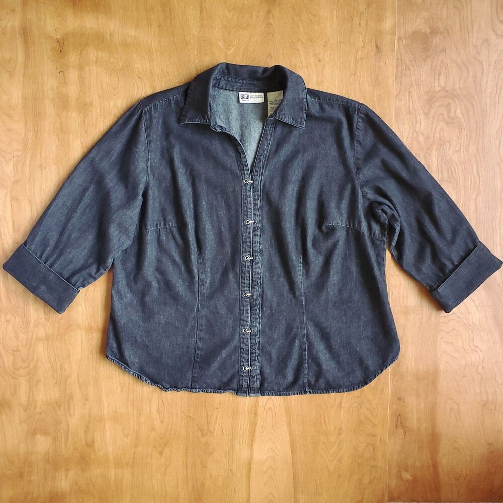 VTG Faded Glory Gray Chambray Shirt 18W 20W 3/4 Sleeve Hook Closure Cotton